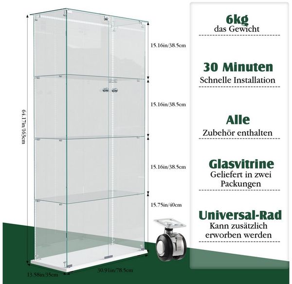 Simurq Glasvitrine Standvitrine mit LED und 2 Glastüren, Vitrinenschrank Glas (4 Ebenen(78,5 x 35 x 163 cm), 5 Ebenen(78,5 x 34,5 x 186,5 cm), Glasschrank mit 2 Türen,Schloss,Sammlervitrine) LED-Beleuchtung, abschließbare Türen, gehärtetes Glas Bild 2