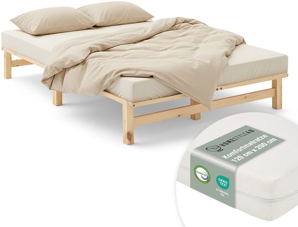 Holzbett 120x200 mit Matratze Doppelbett Holz Natur Bett Massiv Palettenbett Bettgestell Holzbettrahmen Lattenrost