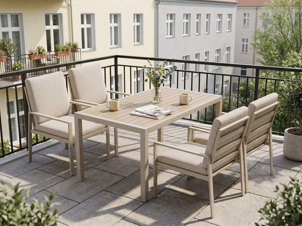 MeXo Gartenlounge-Set Lounge Gartenmöbelset Aluminium Wetterfest, (Garten Essgruppe für 4 Personen, 5-tlg, 4 Sessel, Esstisch 140 x 80 x 70 cm), 85 cm Rückenlehne, hoher Sitzkomfort