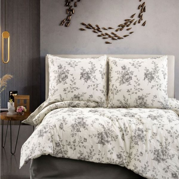 ZIRVEHOME Bettwäsche Baumwolle Bettwäsche-Set Beige Bettbezug Schwarz geblümt Evla V1, Renforce, 3 teilig, Baumwolle Bettbezug Beige mit Blumenmuster in Schwarztönen