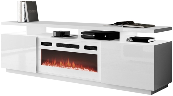 TV-Lowboard Lostino mit weiß Kamin (Weiß / Weiß Hochglanz, ohne Beleuchtung)