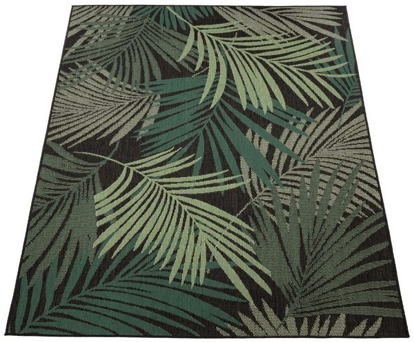 KADIMA DESIGN Outdoorteppich Palmblättermuster Balkon, Terrasse schmutzabweisend Outdoor Teppich, Rechteckig, Höhe: 4 mm, 100% Polypropylen, Rücken aus Polypropylen, 100x200 cm, Schwarz