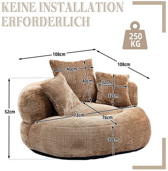 BlingBin Sitzsack Lazy Sofa Lounger hohem Rücken Sitzsack Stuhl Couch mit drei Kissen (1er Set, 1 St, 108 x 108 x 52 cm), für Erwachsene und Kinder, Indoor & Outdoor, Single Gaming Sofa Stuhl