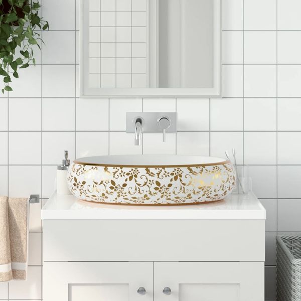 vidaXL Aufsatzwaschbecken Weiß und Golden Oval 59x40x15 cm Keramik 155111