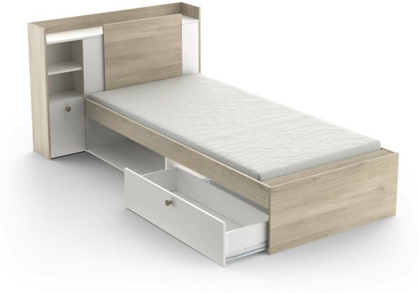 Dmora Einzelbett Wali, Struktur des Lagerbetts, Sommier mit Abdeckung, Bettrahmen aus Stoff, 227x125 h91 cm, Eiche und Mattweiß Bild 4