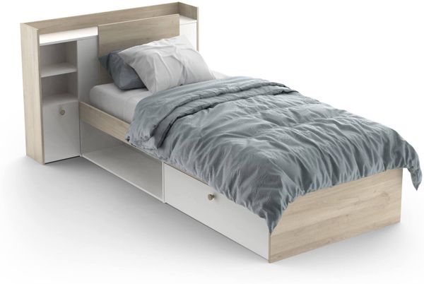 Dmora Einzelbett Wali, Struktur des Lagerbetts, Sommier mit Abdeckung, Bettrahmen aus Stoff, 227x125 h91 cm, Eiche und Mattweiß Bild 6