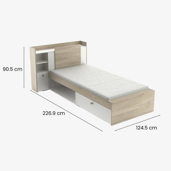 Dmora Einzelbett Wali, Struktur des Lagerbetts, Sommier mit Abdeckung, Bettrahmen aus Stoff, 227x125 h91 cm, Eiche und Mattweiß Bild 3