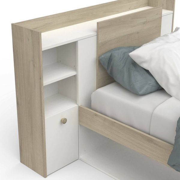 Dmora Einzelbett Wali, Struktur des Lagerbetts, Sommier mit Abdeckung, Bettrahmen aus Stoff, 227x125 h91 cm, Eiche und Mattweiß Bild 9