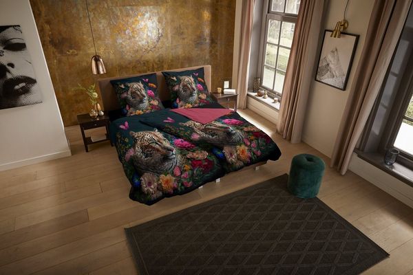 Pure Microfaser Bettwäsche 135 X 200 cm + 1- 80 X 80 cm Borra leopard with flowers bunt