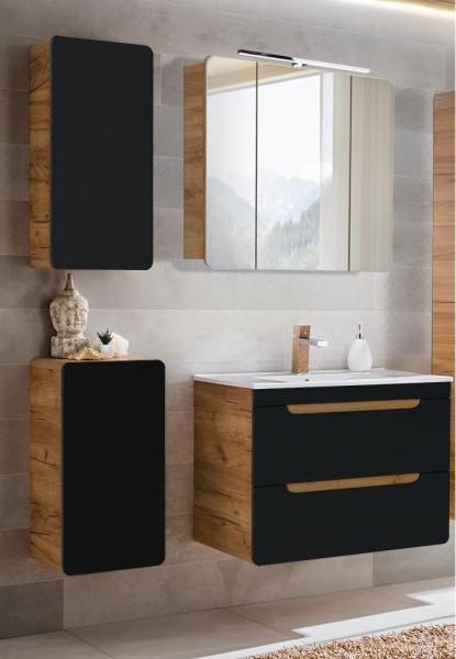 Badezimmer Set in seidenmatt anthrazit mit Wotan Eiche Nb. NEW-LUTON mit 81 cm Keramik-Waschtisch & LED-Spiegelschrank, B/H/T ca. 130/200/46 cm