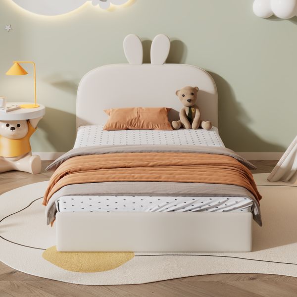Polsterbett 90x200 cm mit Kaninchen-Kopfteil aus Samt – kindgerechtes Einzelbett