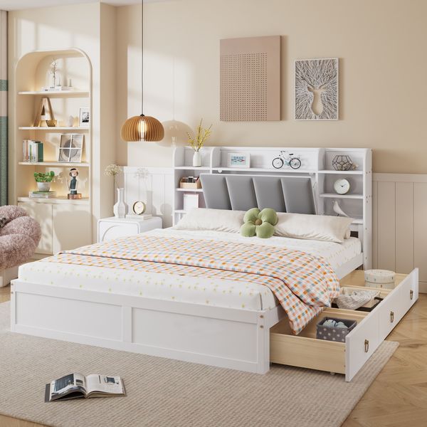 Doppelbett 160x200 cm aus Kiefer & MDF mit grauem Samt-Kopfteil, drei Schubladen und offenem Regal – platzsparend & stabil,Weiß und Grey