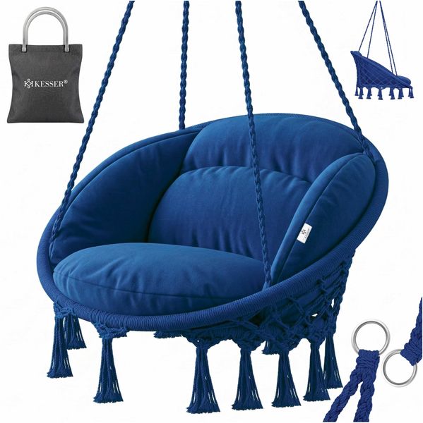 KESSER® Hängesessel mit Kissen - Chill Hängestuhl zum Aufhängen für Erwachsene & Kinder Hängematte bis 150 kg Hängesitz Aufhängung Indoor & Outdoor Wohn & Garten Terrasse Navyblau