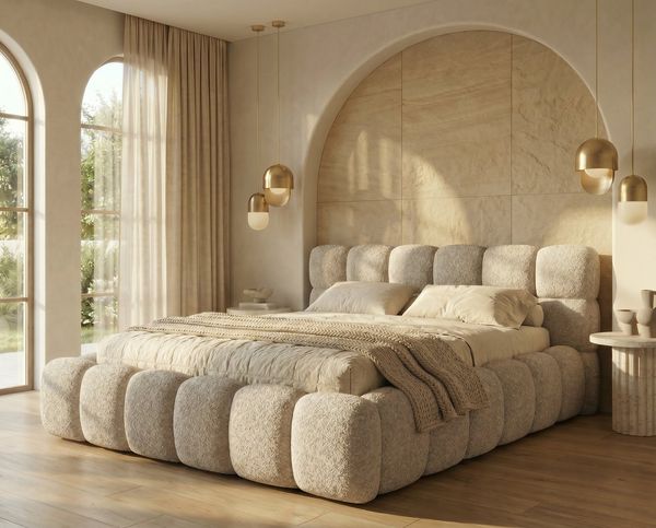 yourhouse24 Polsterbett Boston Slim Bouclé kompaktes Wolkenbett mit Bettkasten, Bubble-Optik & Japandi