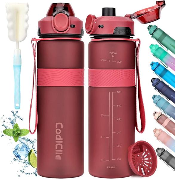 Trinkflasche 1L BPA-frei Sport Wasserflasche Auslaufsicher Rot