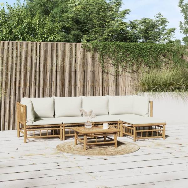 vidaXL 6-tlg. Garten-Lounge-Set mit Cremeweißen Kissen Bambus 3155200