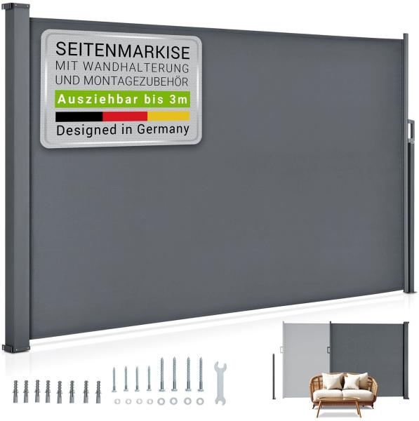 Juskys Seitenmarkise Dubai 300 x 160 cm ausziehbar blickdicht, Sichtschutz für Balkon & Terrasse, Seitenrollo Wandhalterung – anthrazit