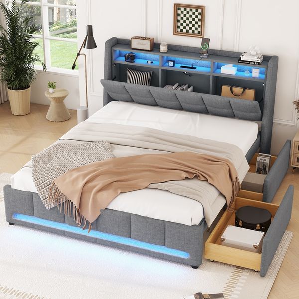 Polsterbett 140x200 cm, Leinen & MDF, LED-Ambientebeleuchtung, USB-Anschluss und 2 Schubladen,Grau