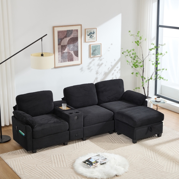 Großes Cord Sofa mit Mittelkonsole, USB-C & Stauhocker, 266×136×82 cm, Schwarz