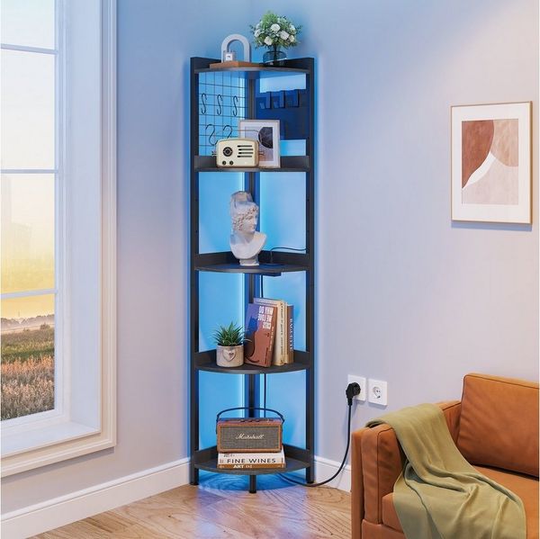 Dripex Eckregal 5 Ebenen Standregal mit LED Beleuchtung und Steckdosen,35x35x170cm