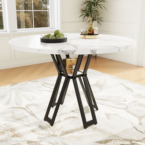 Esstisch 100 x 100 x 76 cm mit Marmordekor MDF Tischplatte und stabilem Metallgestell,Weiß-Schwarz Moderner Küchentisch, Esszimmertisch,Wohnzimmertisch