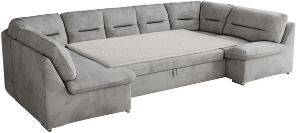 Ecksofa, Sofa big XXL, Wellenfedern, Wohnlandschaft XXL, mit Schlaffunktion - COMODO U - Hellgrau Velours - Topper T25 Bild 5