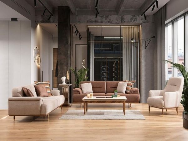 Sitzgruppe/Sofa Set - Wohnzimmergarnitur "Narcissus" 3+3+1+1-Braun/Beige