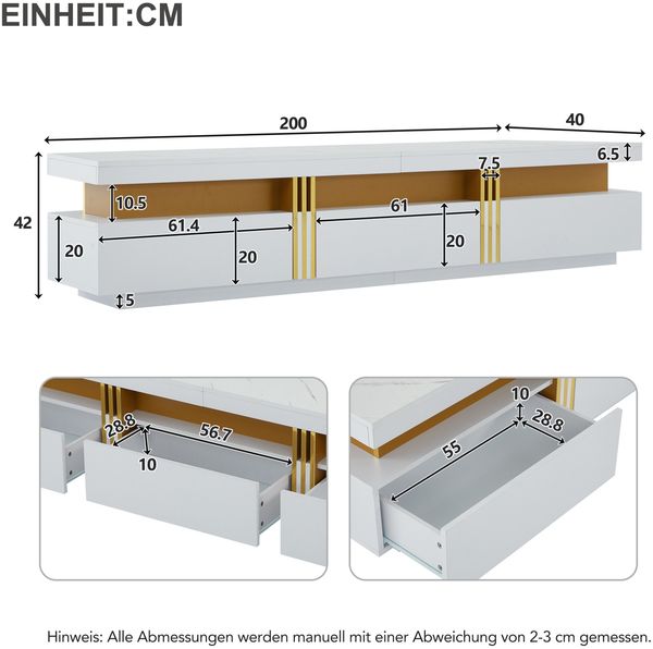 TV-Board Weiß Marmoroptik, 200x40x42 cm, für TV bis 90 Zoll mit 3 Schubladen Bild 10