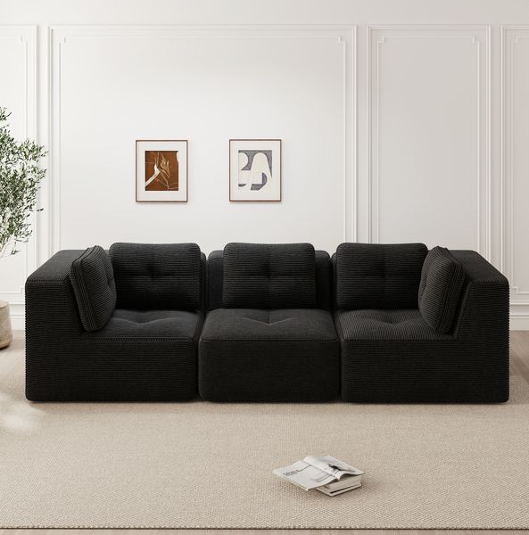 Ecksofa aus Cord, modular & tiefe Sitzfläche, 297 x 104 x 69 cm, schwarz
