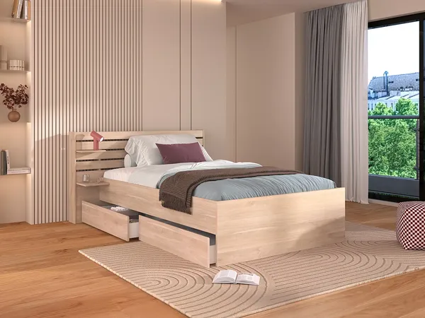 Vente-unique - TENALIA Bett Holz, Platte Beige - B 216,8 cm x H 88,6 cm x L 151,5 cm