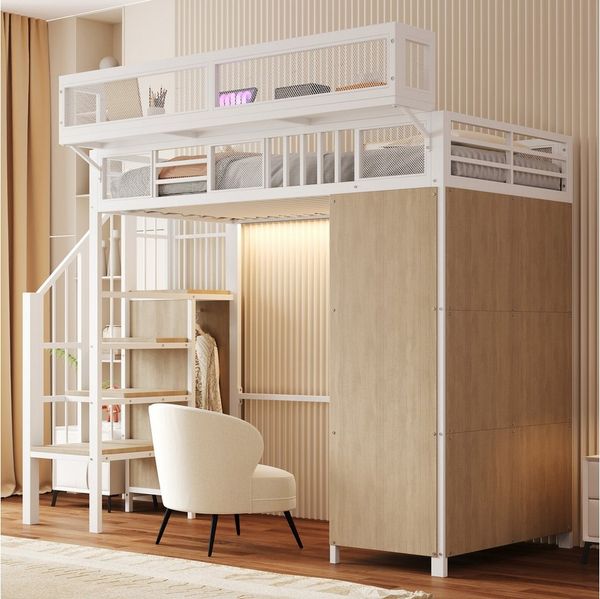 i@home Hochbett Metall-Hochbett, 90 × 200 cm Mit Kleiderschrank, Sicherheitsleiter, LED-Beleuchtung