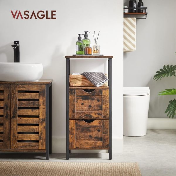 Vasagle Badezimmerschrank, Badschrank, 2 Schubladen, offenes Fach, Kommode, Badregal, schmal, platzsparend, Badmöbel, 37 x 30 x 80 cm, vintagebraun-schwarz