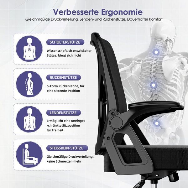 Hiazurm Bürostuhl Bürostuhl,Chefsessel aus Mesh,Ergonomischer Schreibtischstuhl (Verstellbarer Armlehnen, Lendenwirbelstütze,Drehstuhl Wippfunktion,Atmungsaktiv), Verlängerte und Verbreiterte Rückenlehne, Bis 155 kg,Schwarz
