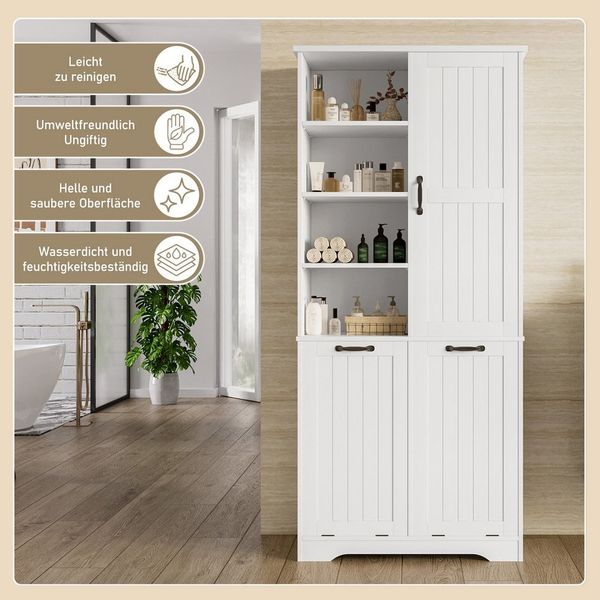 i@home Hochschrank Badezimmerschrank,weiß/grau (Packung set) mit Wäschekorb,offene Fächer und verstellbare Regale,78*35*172 cm