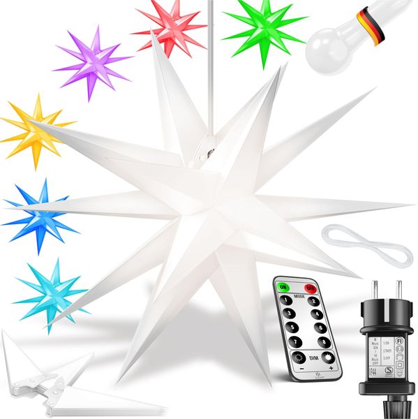 KESSER® Leuchtstern 3D, LED Weihnachtsstern mit Timer für innen und außen, Adventsstern Beleuchtet hängend Stern + Warmweiß Licht Bunt / mit Fernbedienung, 45cm