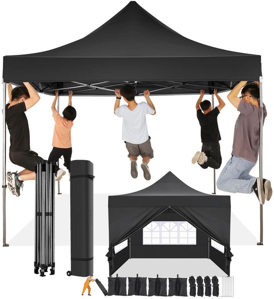 COBIZI Pavillon 3x3 Wasserdicht Stabil Winterfest mit Seitenwand u Sandsack,Popup Faltpavillon Partyzelt,Sonnenschutz Gartenpavillon für Strand Hochzeit Camping mit Tasche mit Rollen(3 mal 3m Schwarz)