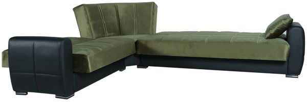 Dmora Gaillardia Schlafsofa mit Halbinsel, Ecksofa mit Container aus Ökoleder und Stoff, Sofa mit Klick-Klack-Öffnung, 305 x 238 x 91 cm, Schwarz und Grün Bild 3