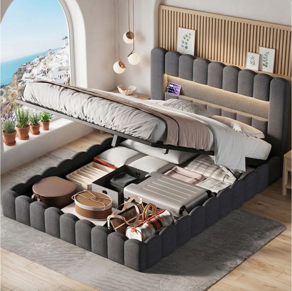 zebery Stauraumbett Polsterbett Doppelbett Mit Bettkasten (Packung, 1-tlg, Mit hydraulischer Funktion), 180x200 cm,USB+Typ-C,Kopfteil und Bettgestell,Leinenstoff,Dunkelgrau