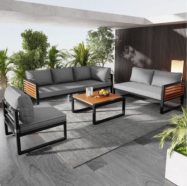 Merax Gartenlounge-Set, (Outdoor Balkonmöbel GartengarniturGartenlounge, 5-tlg, Balkonset mit 2 2-Sitzer-Sofa, 1 Ecksofa, 1 Stuhl & 1 Couchtisch), Gartenmöbel Set Sitzgruppe aus Akazieholz,Loungeset für 6 Personen