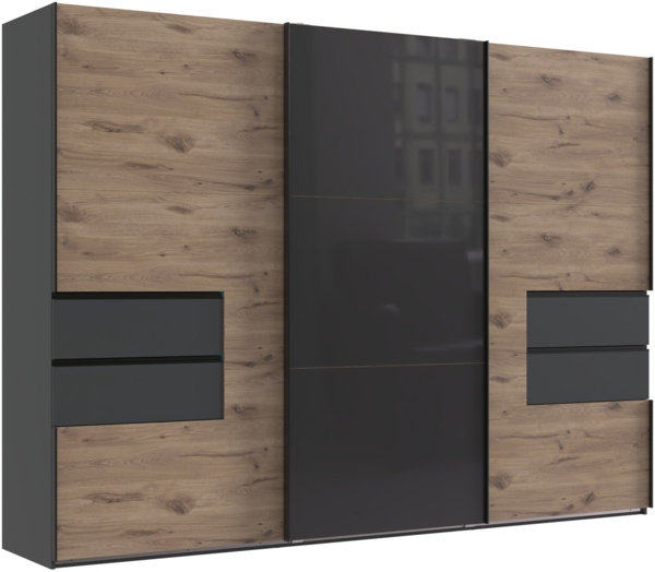 Schwebetürenschrank Kleiderschrank 300 cm Schubladen Grafit, Eichefarben Glastür