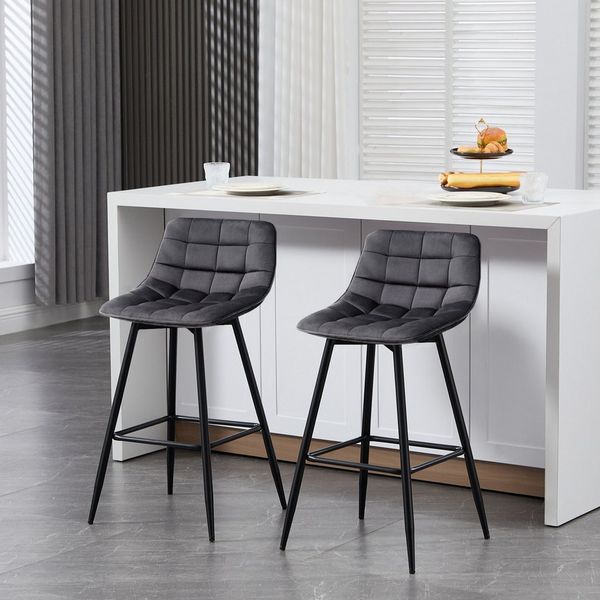2er-Set Designer Barstuhl mit Fußstütze Samt, Metallbeine Elif dunkelgrau