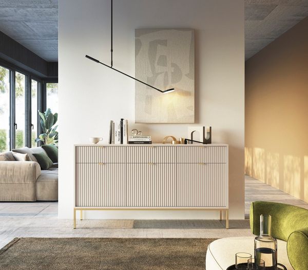 Goldstoff Kommode Milano 154 cm mit geriffelter Front und Metallrahmen (Moderner Schubladenschrank - für Wohnzimmer, Flur, Schlafzimmer), stabile Metallkonstruktion, Soft-Close