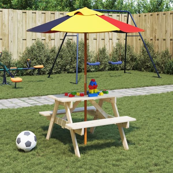 Gartentische, Picknicktisch für 4 Kinder mit Sonnenschirm Massivholz Tanne