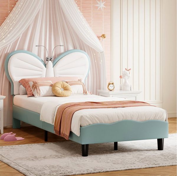 PXloue Polsterbett LED Beleuchtung Kinderbett Einzelbett Schleife am Kopfteil 90x200cm, Leselampe, Lattenrost, Samt, 90x200cm