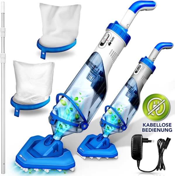 tillvex Poolsauger Blau/Weiß mit Akku & Teleskopstange + Ersatzfilter bis zu 15 m³ | Pool Bodensauger elektrisch | Poolreiniger mit Filter & 60 min Laufzeit | Handsauger Reinigungsset kabellos