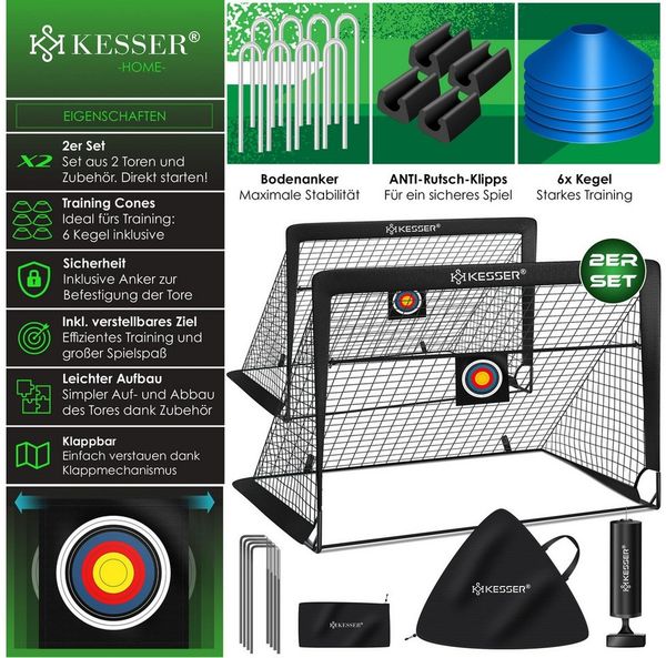 KESSER Pop-Up Fußballtor, 2er Set, mit Transporttasche, 6x Hütchen, Ballpumpe & Zielscheibe, Glasfaserstangen, 120x90 cm, Schwarz