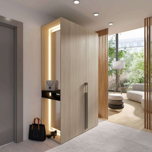 Home affaire Kleiderschrank TRENTO Garderobe, Wäscheschrank mit Spiegel und LED-Beleuchtung (lange Griffe, Maße B/T/H 110,9/58/207,5cm, Made in Europe) wahlweise mit Kleiderstange oder Einlegeböden FSC-zertifiziert