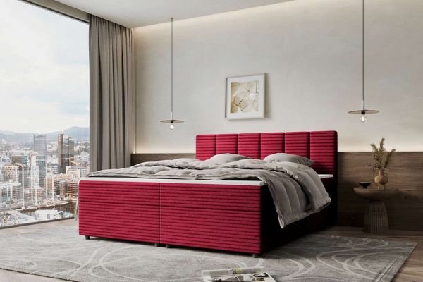 99rooms Bergamo Boxspringbett Cordstoff AMBIENCE Rot 200x200 cm Schaum Topper 6 cm