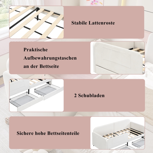 Kinder-Spleißbett Polsterbett Tagesbett Schlafsofa, Metallbettgestell, 3 Aufbewahrungstaschen, 2 Schubladen auf Rollen, Samt MDF Sperrholz, weiß, 90 x 200 cm Bild 5