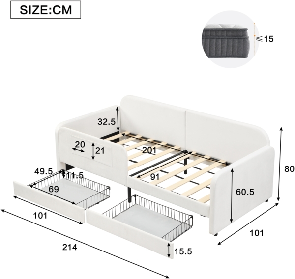 Kinder-Spleißbett Polsterbett Tagesbett Schlafsofa, Metallbettgestell, 3 Aufbewahrungstaschen, 2 Schubladen auf Rollen, Samt MDF Sperrholz, weiß, 90 x 200 cm Bild 6